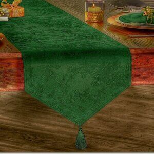 Holly Homes Table Runner Silky Holiday Christmas Green Damask 13 in x 72 in